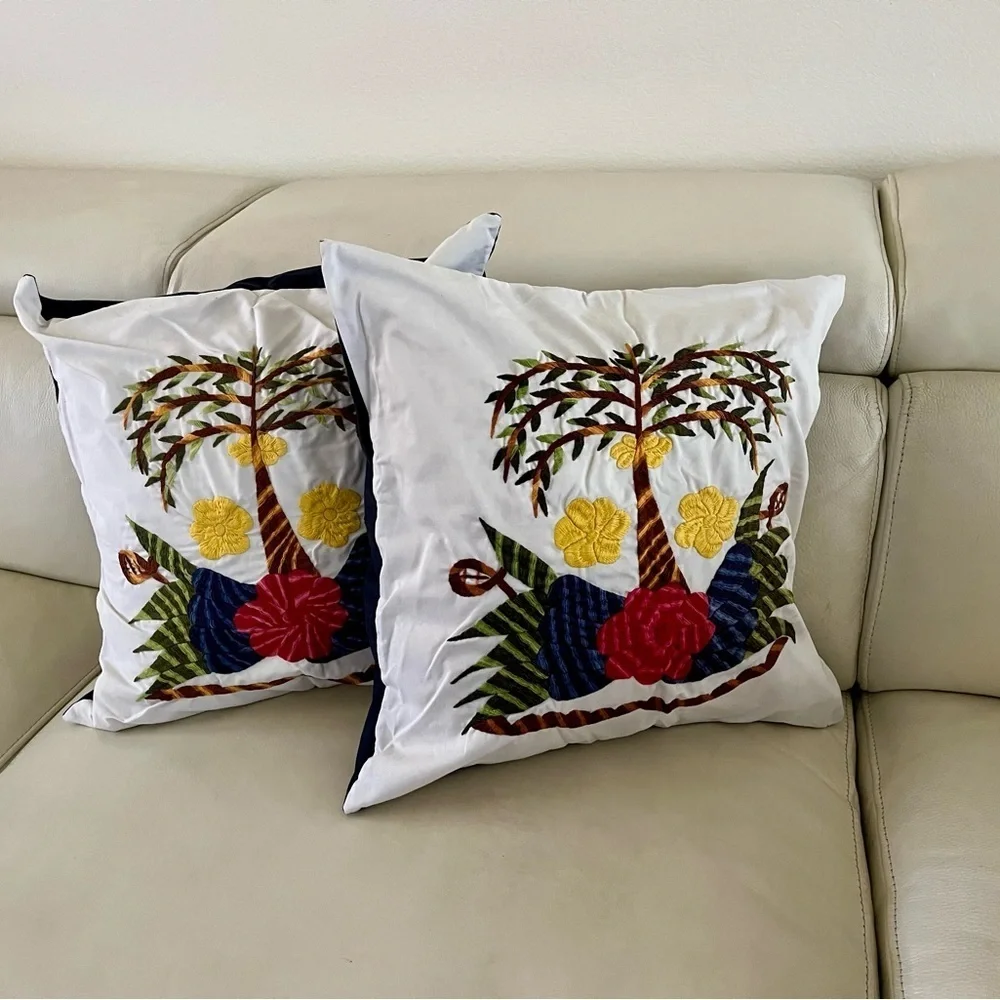 Tropical Embroidered Throw Pillow Set - White, Red, Yellow, Green